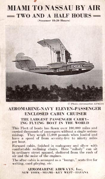 Aeromarine postcard of the Columbus over Bimini, Bahamas, 1921