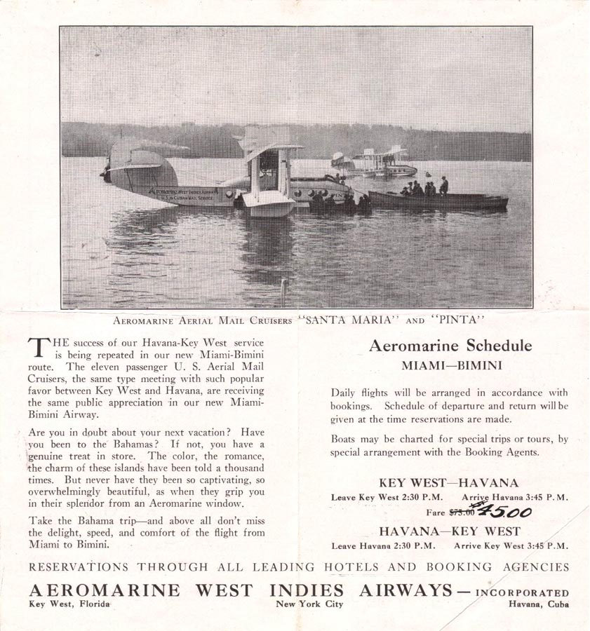 Aeromarine West Indies Airways timetable, 1921 (interior)