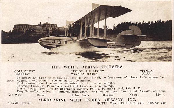 Aeromarine West Indies Airways postcard of the 'Balboa' in Miami, 1921